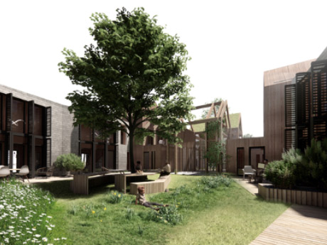 Studio OPEN with Elementa Consulting, with a community-focused ‘Forest City’ design, with a central garden shared between four homes which are built from locally sourced materials and with modern construction methods.