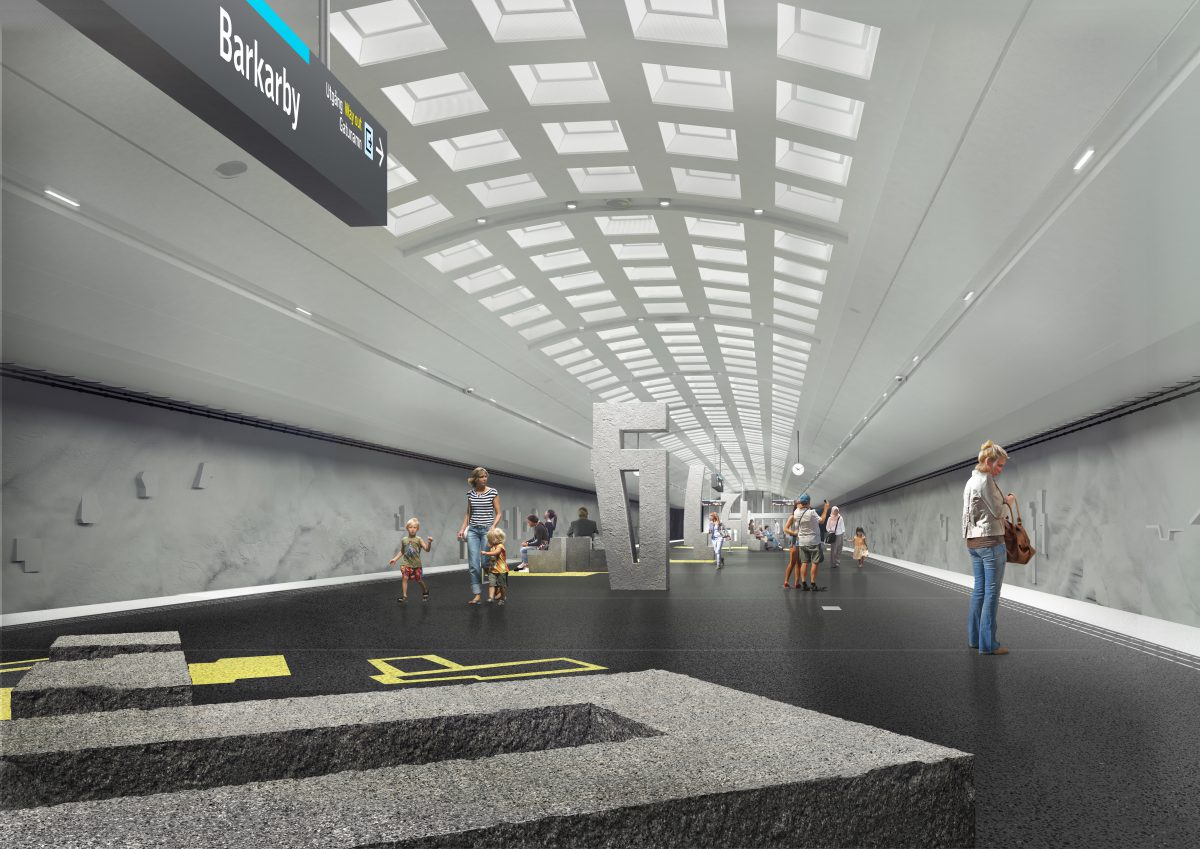 A design stage 3D rendering of the platforms at Barkaby station.