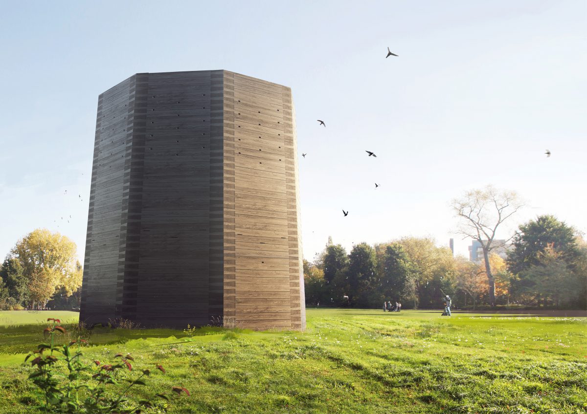 A design stage 3D rendering showing the ventilation tower with integrated bird nest.